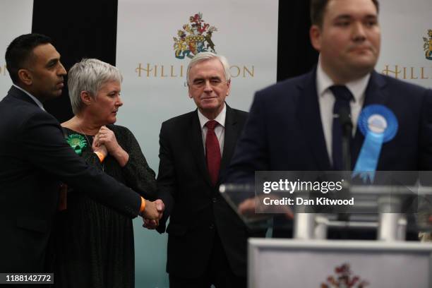 Hayes and Harlington MP John McDonnell, and Shadow Chancellor for the Labour Party, speaks at the vote declaration after retaining his seat on...