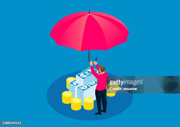 geschäftsmann hält einen riesigen regenschirm, um geld zu schützen - guarding stock-grafiken, -clipart, -cartoons und -symbole