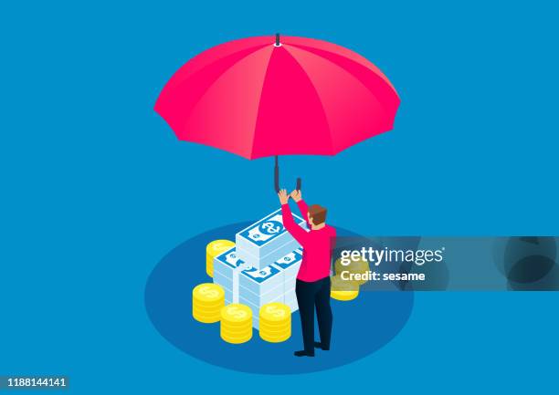 businessman holding a huge umbrella to protect money - bank account stock illustrations