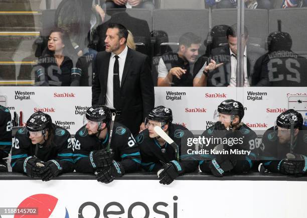 Interim head coach Bob Boughner of the San Jose Sharks coaches in his first game against the New York Rangers at SAP Center on December 12, 2019 in...