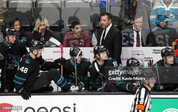 Interim head coach Bob Boughner of the San Jose Sharks coaches in his first game against the New York Rangers at SAP Center on December 12, 2019 in...
