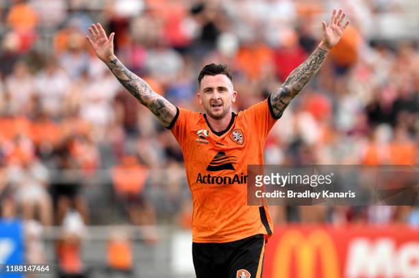 Roy O'Donovan of the Roar celebrates scoring a goal during the round six A-League match between Brisbane Roar and Melbourne City at Dolphin Stadium...