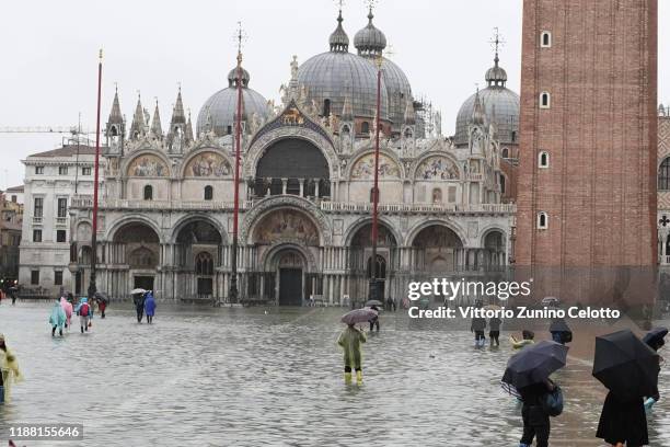 San Marco square remains covered in flood water days after the second highest tide since 1966 on November 15, 2019 in Venice, Italy. More than 80...