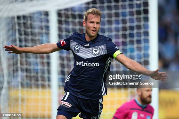 Ola Toivonen of the Victory celebrates scoring a goal during the round 6 A-League match between Sydney FC and Melbourne Victory at Netstrata Jubilee...