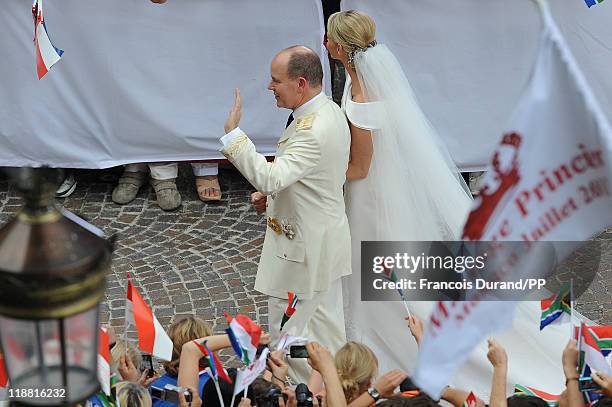 Prince Albert II of Monaco and Princess Charlene of Monaco make their journey to Sainte Devote church after their religious wedding ceremony at the...