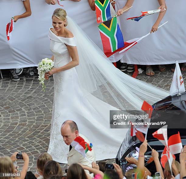 Prince Albert II of Monaco and Princess Charlene of Monaco make their journey to Sainte Devote church after their religious wedding ceremony at the...