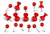 Realistic red push pins. Attach buttons on needles, pinned office thumbtack and paper push pin vector set. Stationery items. Paperwork equipment. School accessories collection on white background