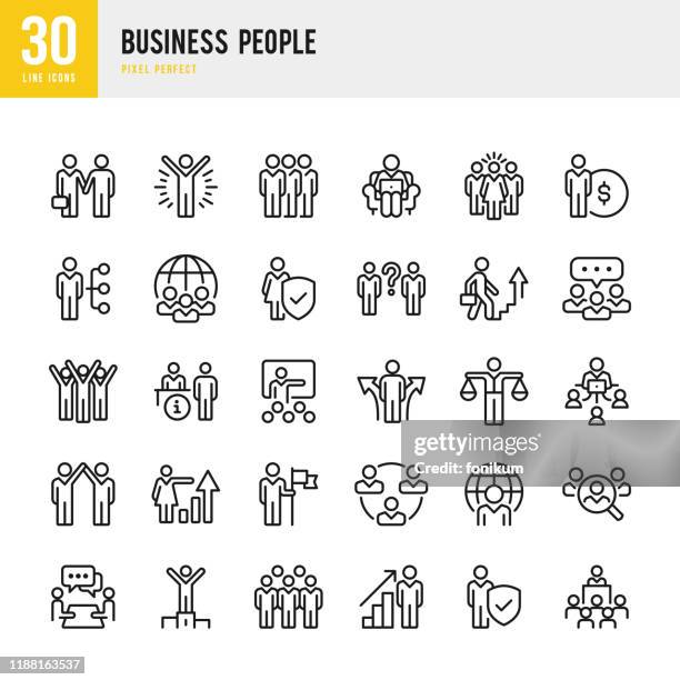 business people - dünner linearer vektorsymbolsatz. pixel perfekt. das set enthält symbole wie personen, teamwork, präsentation, führung, wachstum, manager, erfolg, partnerschaft und so weiter. - international flags stock-grafiken, -clipart, -cartoons und -symbole