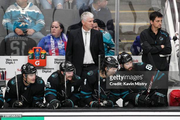 Associate head coach Roy Sommer of the San Jose Sharks coaches in his first game against the New York Rangers at SAP Center on December 12, 2019 in...