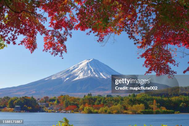 mt fuji en autumn leaf color: uitzicht vanaf lake kawaguchi, japan - fuji stockfoto's en -beelden