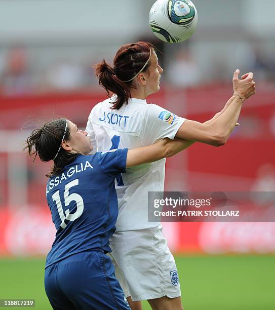 France's midfielder Elise Bussaglia and England's midfielder Jill Scott vie for the ball during the quarter-final match of the FIFA women's football...