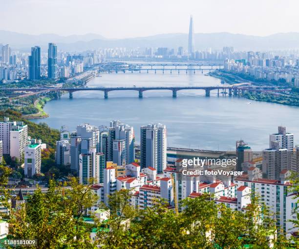 seoul highrise housing skyscraper cityscape along han river korea - kangnamgu stock pictures, royalty-free photos & images