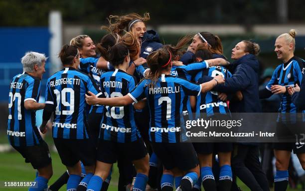 Regina Baresi of FC Internazionale celebrates with her team-mates after scoring the opening goal during the Women Serie A match between FC...