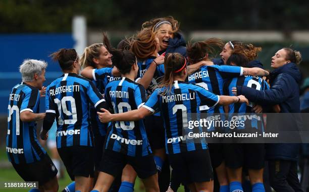 Regina Baresi of FC Internazionale celebrates with her team-mates after scoring the opening goal during the Women Serie A match between FC...