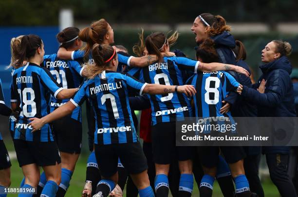 Regina Baresi of FC Internazionale celebrates with her team-mates after scoring the opening goal during the Women Serie A match between FC...