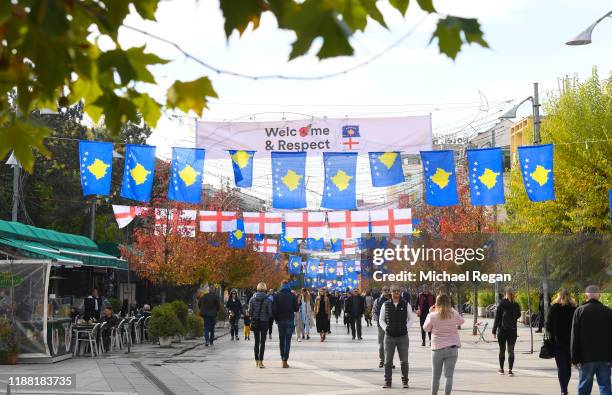 View of flags on display before the UEFA Euro 2020 Qualifier between Kosovo and England on November 17, 2019 in Pristina, Kosovo.