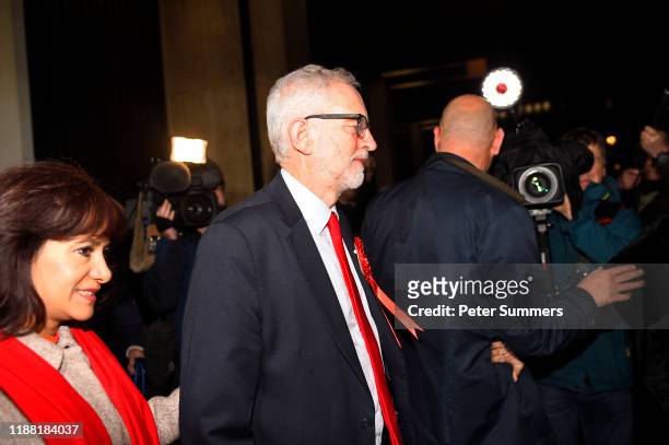 Jeremy Corbyn, leader of the Labour Party, and his wife Laura Alvarez leave Labour headquarters on December 13, 2019 in London, England. The current...
