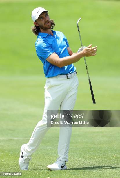 Tommy Fleetwood plays his second shot on the 15th hole during the fourth round of the Nedbank Golf Challenge hosted by Gary Player at the Gary Player...