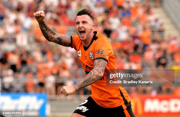 Roy O'Donovan of the Roar celebrates scoring a goal during the round six A-League match between Brisbane Roar and Melbourne City at Dolphin Stadium...
