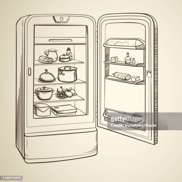 ilustrações de stock, clip art, desenhos animados e ícones de sketch illustration of retro refrigerator with groceries - retrospectiva
