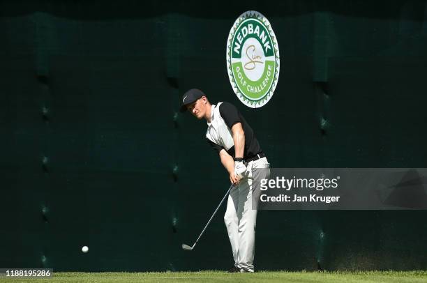 Marcus Kinhult plays his third shot on the 18th hole during the fourth round of the Nedbank Golf Challenge hosted by Gary Player at the Gary Player...