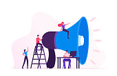Social Marketing Concept. Men and Women Characters Promoting Online in Social Network Using Laptop and Huge Megaphone. Public Relations and Affairs, Communication, Pr. Cartoon Flat Vector Illustration