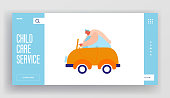 Childhood Activity Website Landing Page. Man Driving Little Baby Toy Car and Playing with Plaything for Children. Gaming in Kindergarten Playground Web Page Banner. Cartoon Flat Vector Illustration
