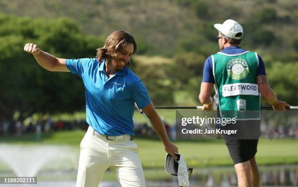 Tommy Fleetwood celebrates beating Marcus Kinhult in the play-off to win the Nedbank Golf Challenge during the fourth round of the Nedbank Golf...