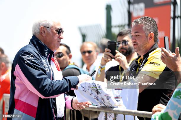 Owner of Racing Point Lawrence Stroll greets fans in the Paddock before the F1 Grand Prix of Brazil at Autodromo Jose Carlos Pace on November 17,...