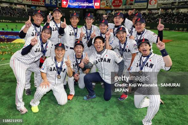 Shogo Akiyama of Samurai Japan joins celebration after the WBSC Premier 12 final game between Japan and South Korea at the Tokyo Dome on November 17,...