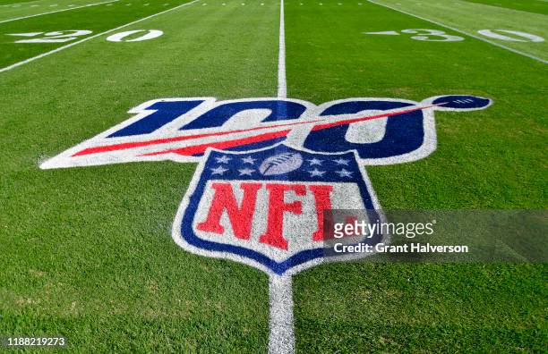 Detail photo of the NFL 100 logo during the game between the Carolina Panthers and the Atlanta Falcons at Bank of America Stadium on November 17,...
