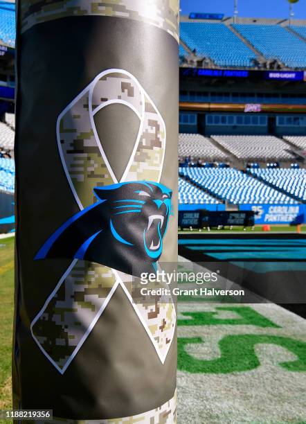 Detail photo of the Carolina Panthers "Salute to Service" logo during their game against the Atlanta Falcons at Bank of America Stadium on November...