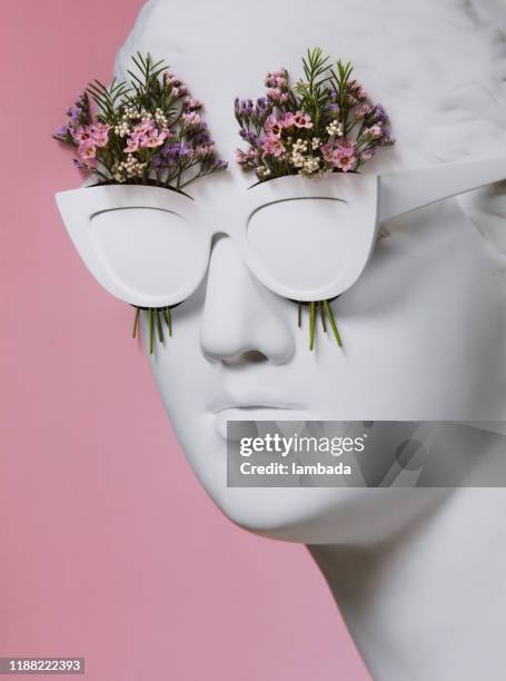 floral collage with greek goddess wearing sunglasses - greek statue stock pictures, royalty-free photos & images