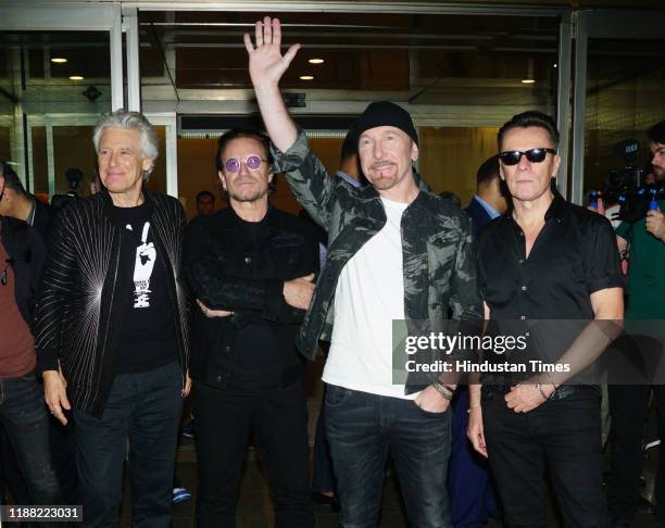 Lead vocalist Bono, lead guitarist and keyboard player The Edge, bass guitarist Adam Clayton and drummer Larry Mullen Jr. Of Irish rock band U2...