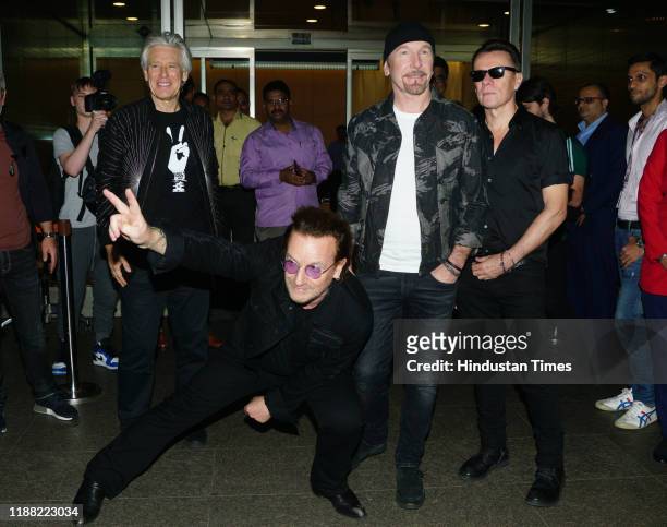 Lead vocalist Bono, lead guitarist and keyboard player The Edge, bass guitarist Adam Clayton and drummer Larry Mullen Jr. Of Irish rock band U2...