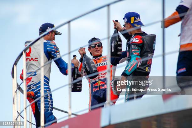 Marc Marquez, rider of Repsol Honda Team from Spain, celebrates the victory and the World Champion Title during the podio after the MotoGP Race with...
