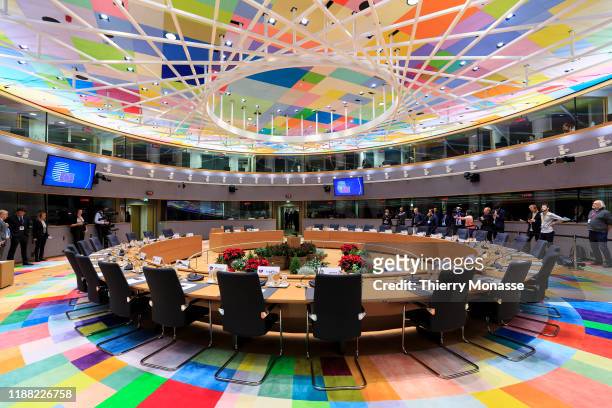 The EU summit meeting room of European Union leaders on December 13, 2019 in Brussels, Belgium. On this second day, EU Leaders will have an Euro...