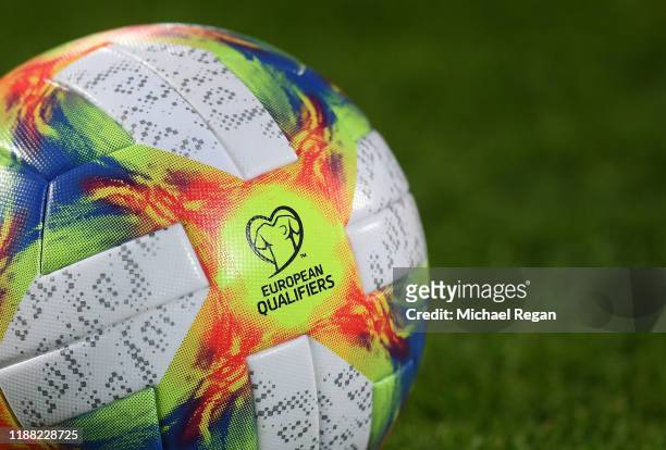 Detailed view of a match ball prior to the UEFA Euro 2020 Qualifier between Kosovo and England at the Pristina City Stadium on November 17, 2019 in...
