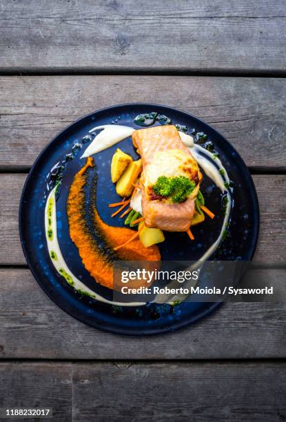 dish of salmon with potatoes from above, norway - norway food stock pictures, royalty-free photos & images