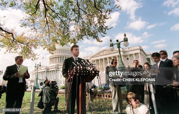 Capitol Police spokesperson Lt. Dan Nichols addresses reporters 16 October, 2001 on Capitol Hill in Washington, DC. Nichols announced that in light...