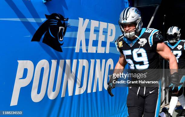 Luke Kuechly of the Carolina Panthers takes the field before their game against the Atlanta Falcons at Bank of America Stadium on November 17, 2019...
