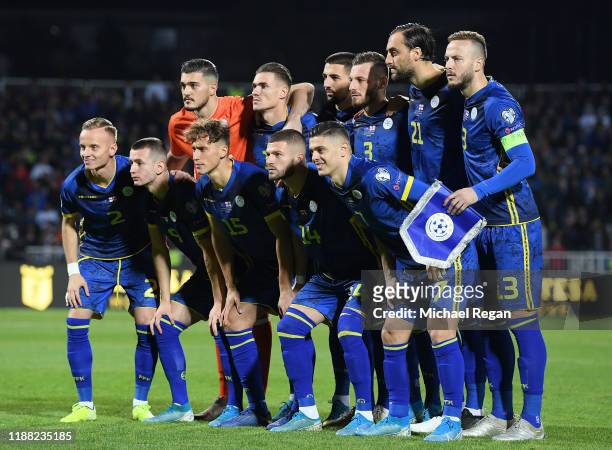 The Kosovo team pose for a photo prior to the UEFA Euro 2020 Qualifier between Kosovo and England at the Pristina City Stadium on November 17, 2019...