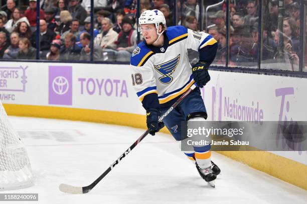 Robert Thomas of the St. Louis Blues skates against the Columbus Blue Jackets on November 15, 2019 at Nationwide Arena in Columbus, Ohio.