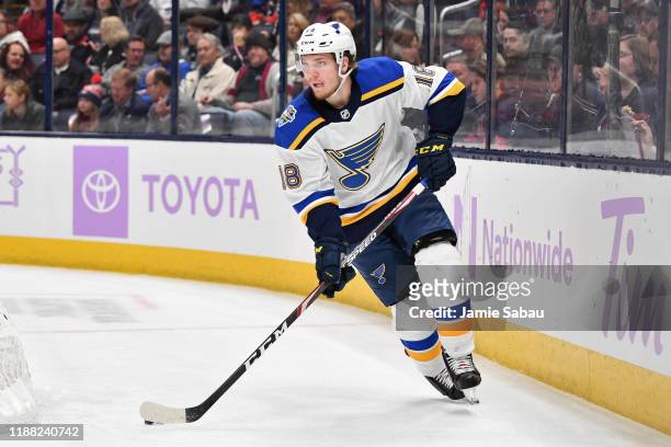 Robert Thomas of the St. Louis Blues skates against the Columbus Blue Jackets on November 15, 2019 at Nationwide Arena in Columbus, Ohio.