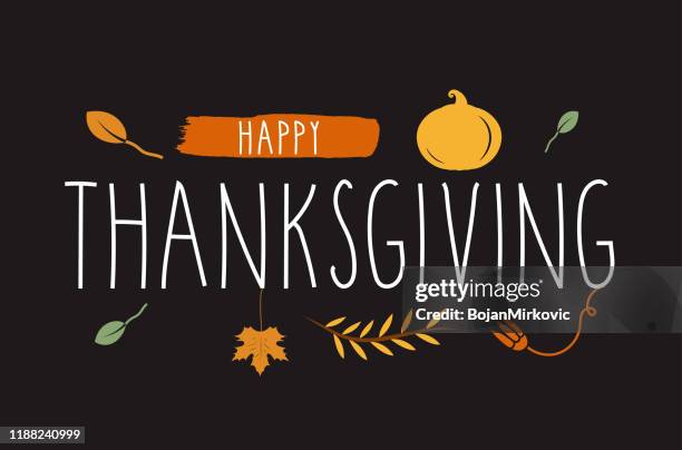 happy thanksgiving hand lettering black background with. vector - hand give food stock illustrations