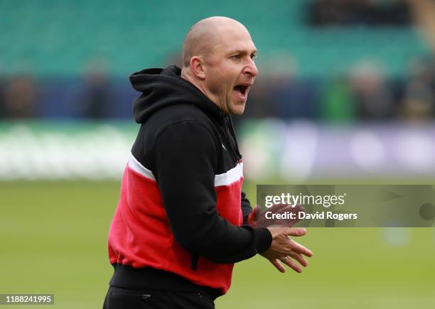 Pierre Mignoni, the Lyon director of rugby, looks on during the Heineken Champions Cup Round 1 match between Northampton Saints and Lyon OU at...