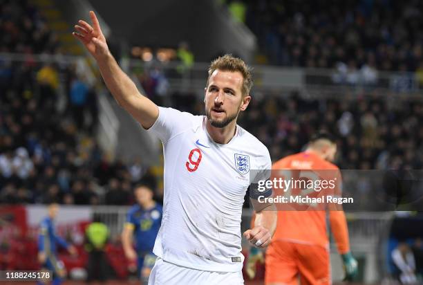 Harry Kane of England celebrates after scoring his team's second goal during the UEFA Euro 2020 Qualifier between Kosovo and England at the Pristina...