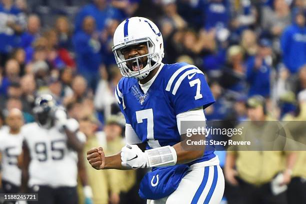 Jacoby Brissett of the Indianapolis Colts celebrates a touchdown against the Jacksonville Jaguars during the first quarter at Lucas Oil Stadium on...