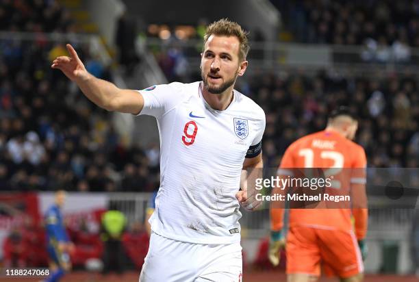 Harry Kane of England celebrates after scoring his team's second goal during the UEFA Euro 2020 Qualifier between Kosovo and England at the Pristina...