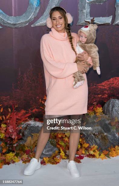 Stacey Solomon and baby son Rex attend the "Frozen 2" European premiere at BFI Southbank on November 17, 2019 in London, England.